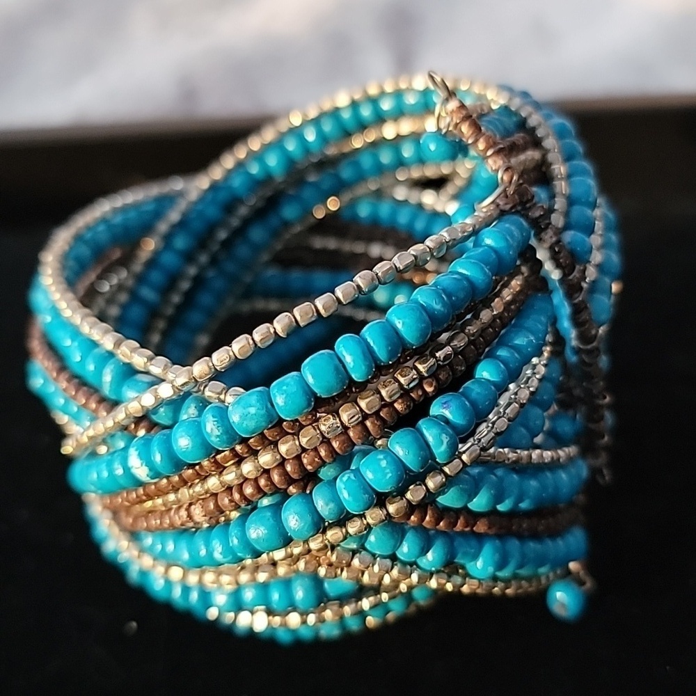 Turquoise Gray Siver Seed Bead Bangle Wrap Bracelet 2" Wide Criss Cross Cuff - Picture 3 of 6